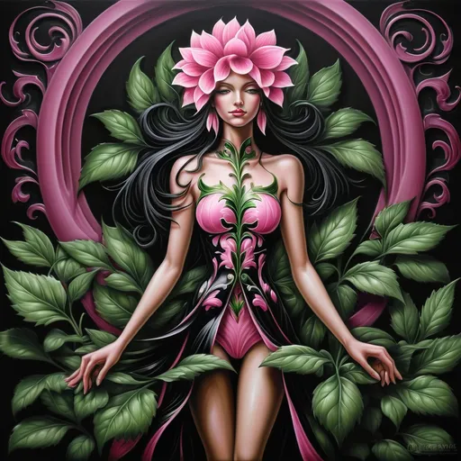 Prompt: a painting of a pink flower with green leaves on a black background with a black background behind it is a picture of a pink flower, Anne Stokes, cloisonnism, highly detailed digital painting, an airbrush painting