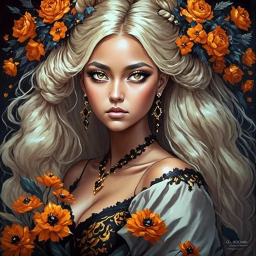 Prompt: <mymodel>Nataasha-Beautiful woman with flowers, oil painting, detailed fiery eyes, ethereal glow, dark and mysterious, high quality, vibrant colors, surreal, haunting, intricate floral details, intense gaze, mystical atmosphere, oil painting, demon, hybrid, fiery eyes, ethereal, vibrant colors, surreal, haunting, floral details, intense gaze, mystical atmosphere