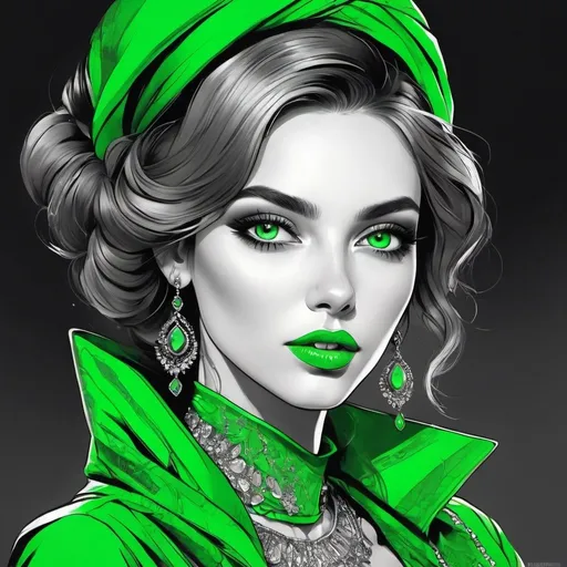 Prompt: <mymodel>Detailed illustration of a woman in vibrant green attire, large vivid green eyes, elegant makeup, digital painting, high resolution, realistic style, vibrant green, professional lighting