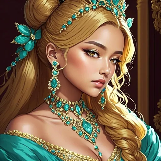 Prompt: <mymodel>lady wearind turquoise jewelry