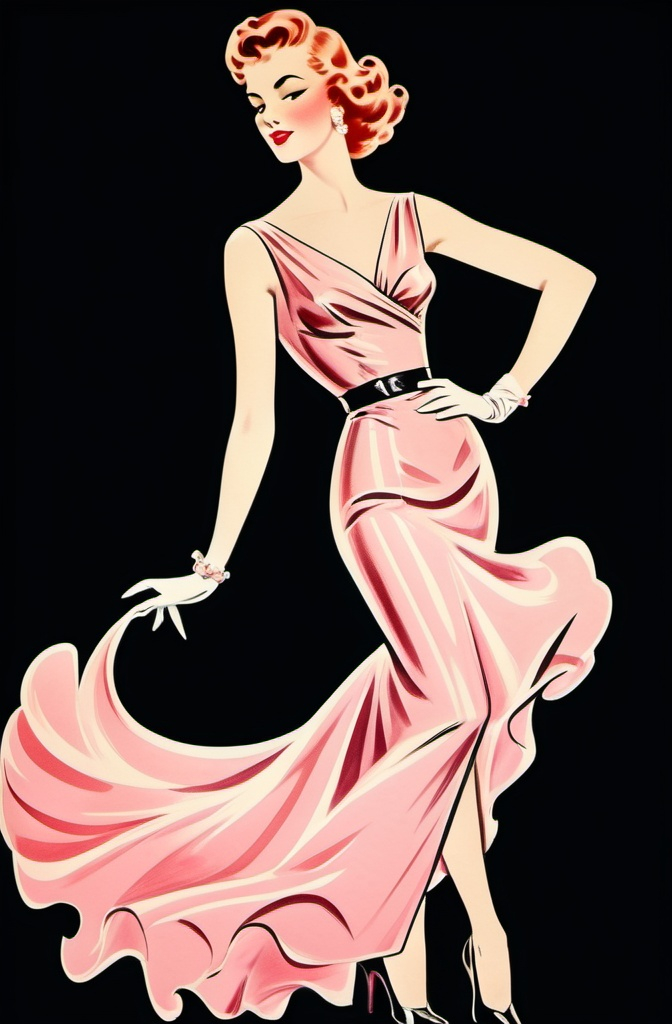 Prompt: (retro hand-drawn fashion advertisement poster), (Leonetto Cappiello style), full body, black background, pastel Pink dress