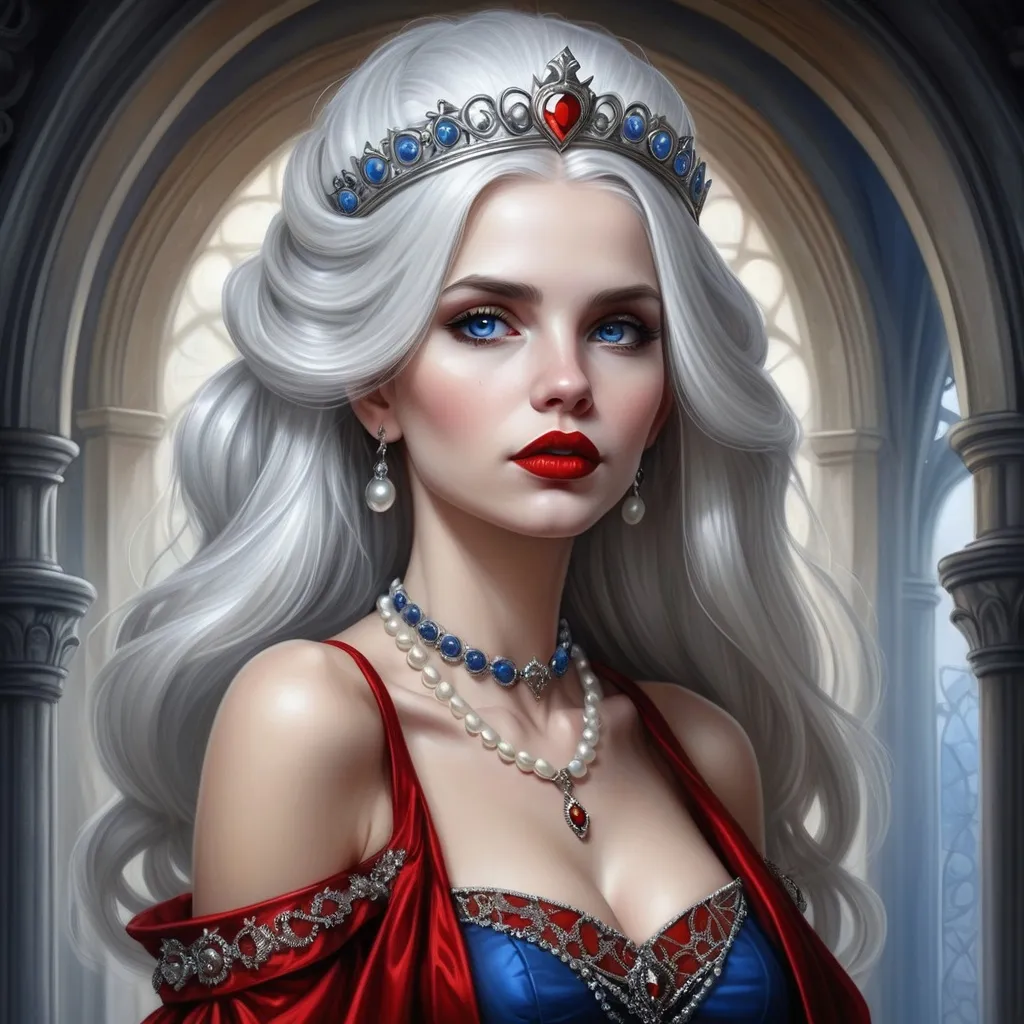 Prompt: a woman with  white hair, blue eyes, red lips, a tiara and pearls on her head and a red lip and a blue dress with a red and white collar, Anne Stokes, gothic art, highly detailed digital painting, a detailed painting