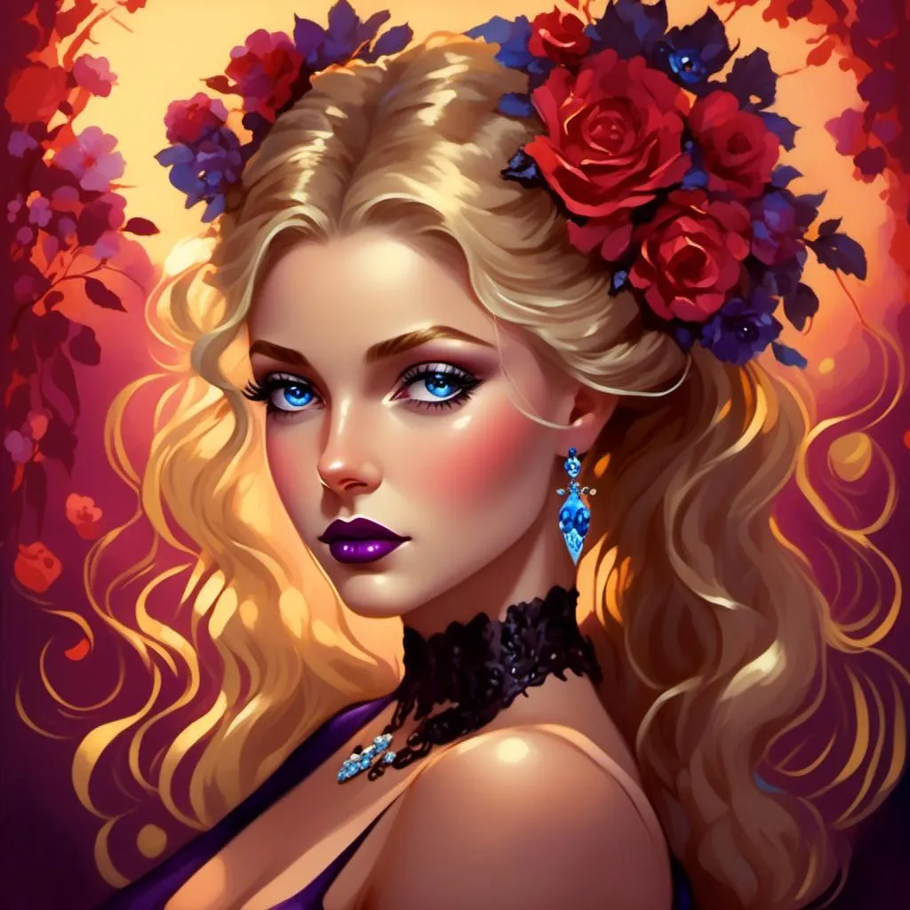 Prompt: <mymodel>Beautiful ethereal woman, long blonde hair,and icy blue eyes color, purple lipstick, facial closeup