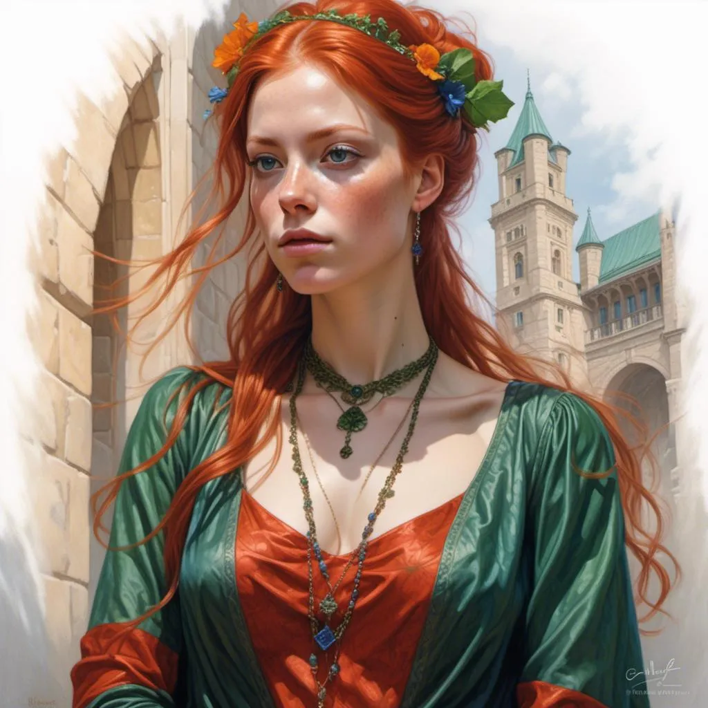 Prompt: <mymodel> a painting of a woman with red hair and a green dress in front of a castle doorway  Charlie Bowater, fantasy art, fantasy character portrait, a detailed painting