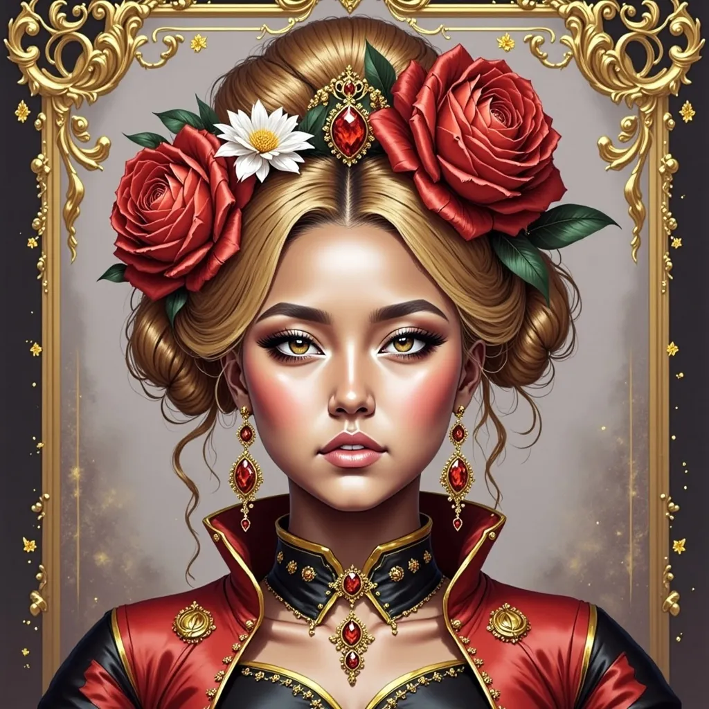 Prompt: a painting of a woman with a rose on her head and a rose in her hair, wearing a headdress, Android Jones, computer art, intricate oil painting, a detailed painting