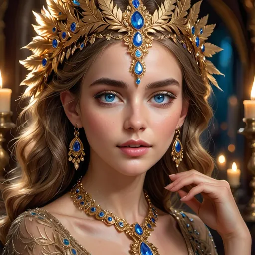 Prompt: Glistening jewels adorn the elegant headdress of a captivating young woman, whose enchanting blue eyes sparkle with depth and intrigue. Richly colored fabrics frame her face, with an intricately designed gold necklace accentuating her graceful neck, while her delicate earrings cascade gently, reflecting the warm glow of nearby candlelight. The ornate backdrop hints at a luxurious setting, featuring gold motifs and vibrant hues that enhance the ethereal ambiance. The interplay of light and color creates a sense of opulence, evoking a mood of mystique and allure, as she seems poised to share an enchanting story from a distant, magical realm.