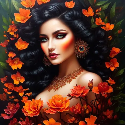 Prompt: Beautiful  hybrid woman with orange flowers sprouting from her, oil painting, detailed fiery eyes, ethereal glow, dark and mysterious, high quality, vibrant colors, surreal, haunting, intricate floral details, intense gaze, mystical atmosphere, oil painting, demon, hybrid, fiery eyes, ethereal, vibrant colors, surreal, haunting, floral details, intense gaze, mystical atmosphere