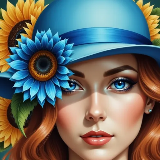 Prompt: a painting of a woman with a blue hat and sunflowers on her head and a blue hat , Anna Dittmann, fantasy art, highly detailed digital painting, a detailed painting