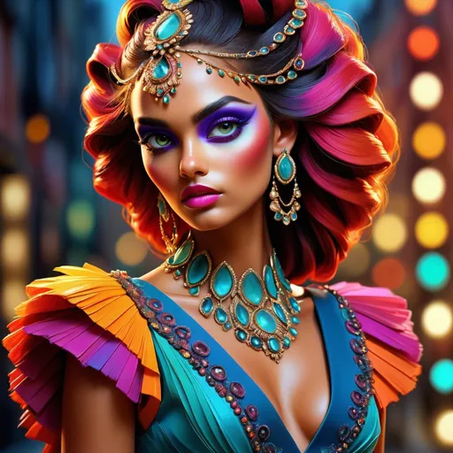 Prompt: <mymodel> digital painting, dramatic colourful makeup, high fashion, intense gaze, realistic portrayal, vibrant colors, detailed features, highres, professional, dramatic, realistic, digital painting, intense gaze, vibrant colors, detailed features, high fashion, glamorous lighting