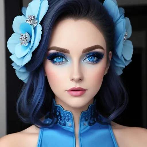 Prompt: A woman all in blue, blue eyes, pretty makeup