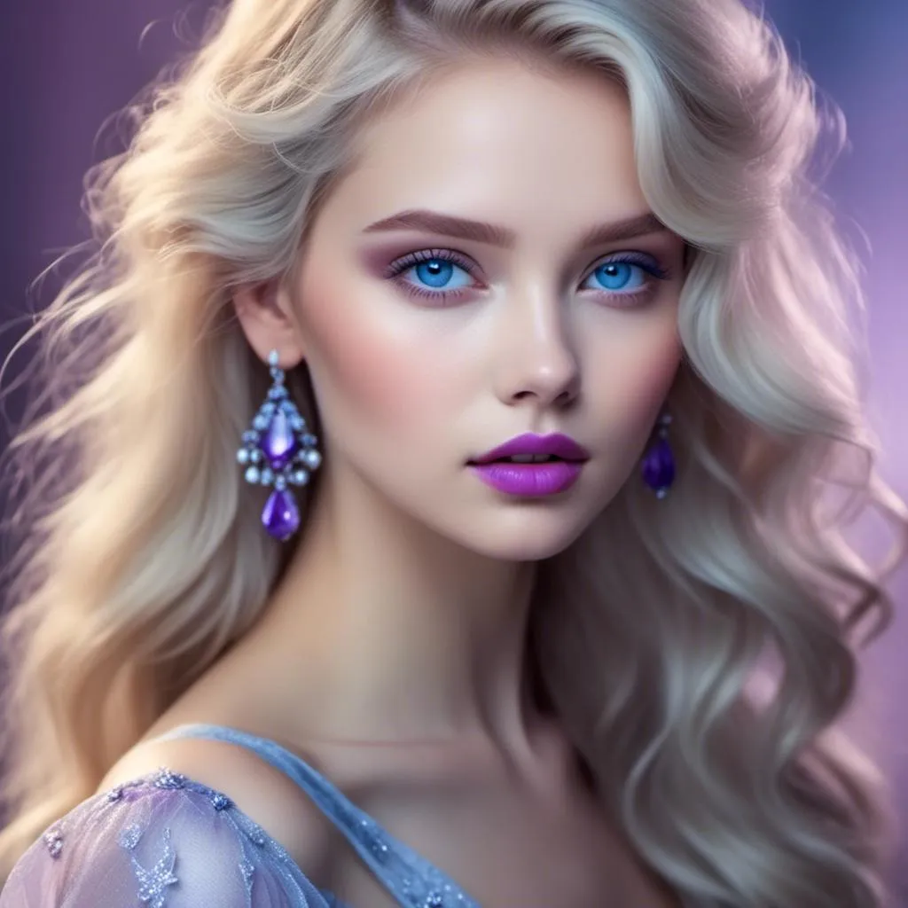 Prompt: <mymodel>Beautiful ethereal woman, long blonde hair,and icy blue eyes color, purple lipstick, facial closeup