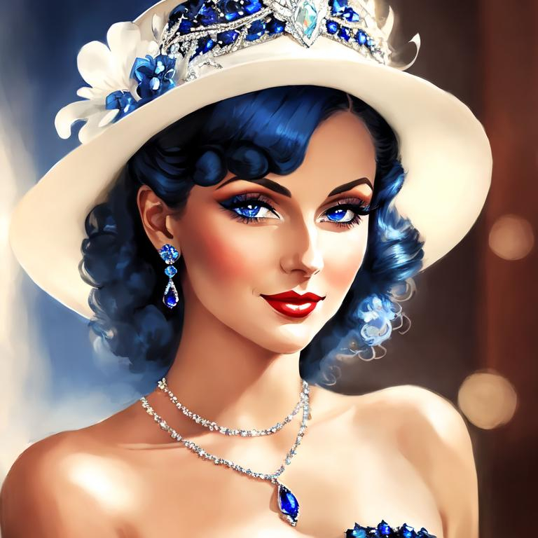 Prompt: Glamorously dressed lady of rhe 1930's wearing sapphire jewelry,blue eyes