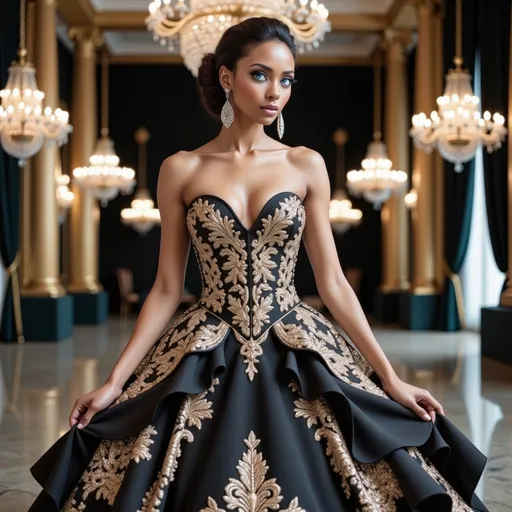Prompt: Draped in an opulent gown that combines intricate gold and red embroidery with striking black and white elements, a stunning black woman exudes elegance against a lavish backdrop. Her off-shoulder dress features dramatic ruffled sleeves that enhance her poised, regal demeanor, while her hair is styled into a glamorous updo complimented by intricate jewelry, including chandelier earrings and a statement necklace. The scene, set in an elegantly decorated room with rich, dark walls and softly glowing chandeliers, evokes a sense of classic luxury and sophistication. The composition draws focus to her confident expression and the intricate detailing of her attire, suggesting a narrative of beauty and high fashion amidst a divine historical ambiance. A rich color scheme accentuates the opulence of the setting, blending warmth with dramatic contrasts that enhance the overall visual impact.