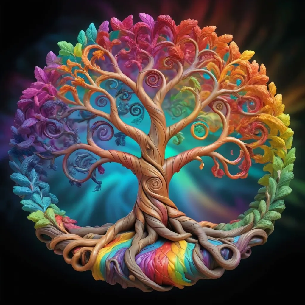 Prompt: colorful gnarled tree of life, spiral colors in the background, rainbow leaves, hyper-detailed, photorealistic 8k max