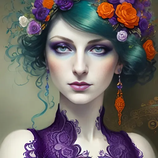 Prompt: dynamic composition of a pale skinned woman with hair of flowers and peacock plummage  of aqua, orange and purplepurple, ornate details,lacey clothes, facial closeup