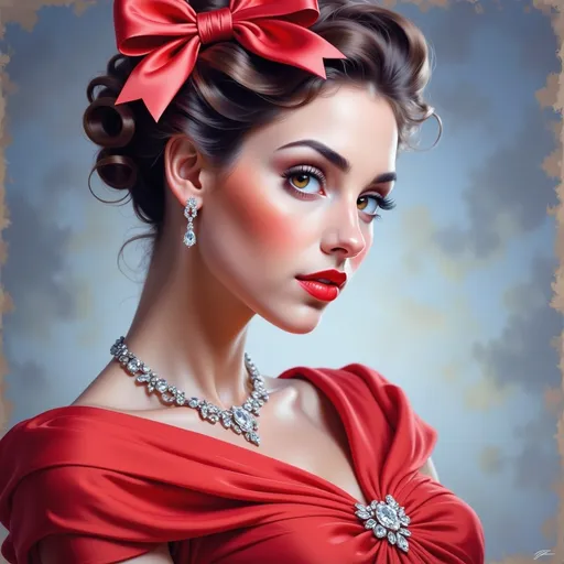 Prompt: a painting of a woman wearing a red bow and a diamond necklace on her neck and a red bow on her head, Edwin Georgi, photorealism, highly detailed digital painting, a photorealistic painting