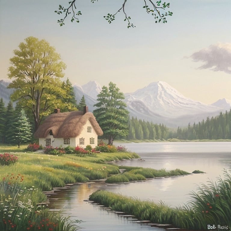 Prompt: A painting of a cottage in the style of Bob Ross