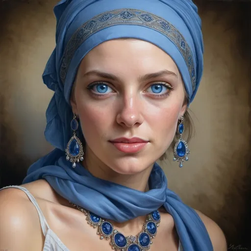 Prompt: a woman with blue eyes wearing a blue head scarf and a sapphire necklace, Art Brenner, figurative art, highly detailed digital painting, a photorealistic painting