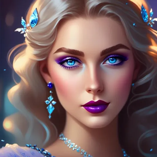 Prompt: <mymodel>Beautiful ethereal woman, long blonde hair,and icy blue eyes color, purple lipstick, facial closeup