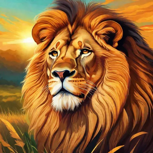 Prompt: Cartoon style illustration of a majestic male lion, radiant sunlight, lush savanna backdrop, vibrant and warm color palette, detailed mane with golden highlights, confident and regal expression, high-quality, detailed fur, cartoon, vibrant colors, detailed mane, savanna landscape, radiant sunlight, confident expression, highres, warm color palette, vibrant, professional lighting