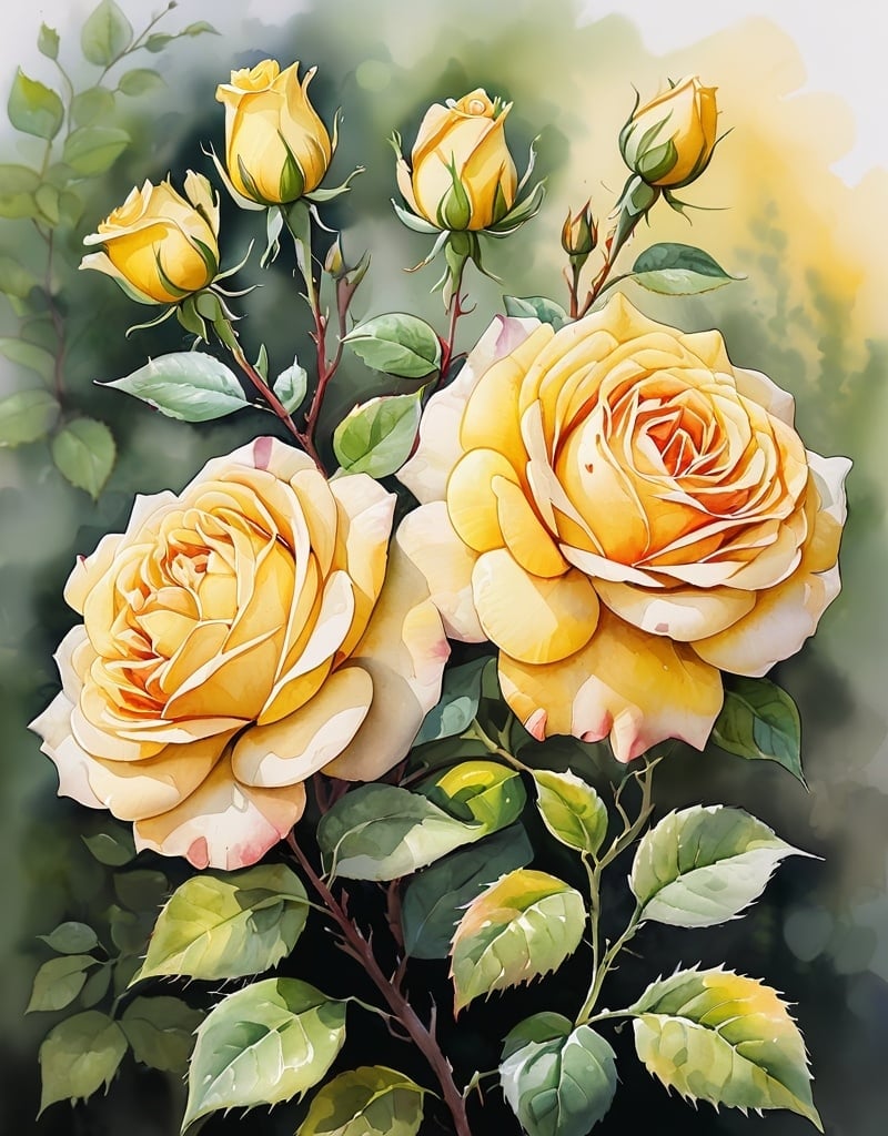 Prompt: watercolor, yellow rose bush