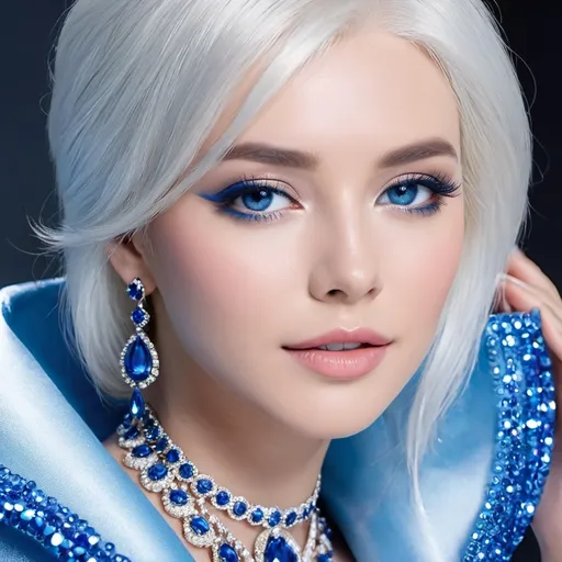 Prompt: <mymodel>A beautiful woman, white hair, blue eyes, blue eyeshadow, blue jewels o