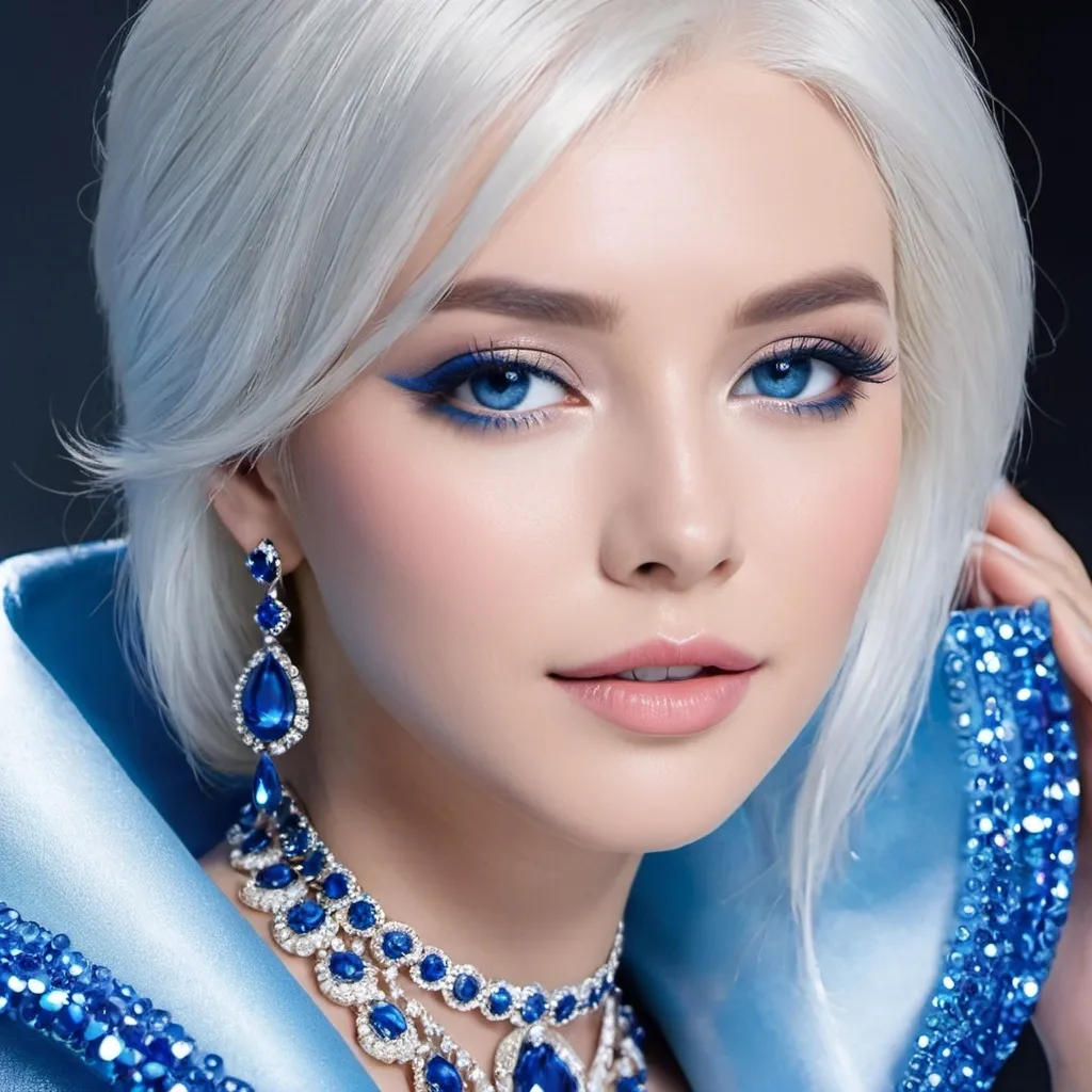 Prompt: <mymodel>A beautiful woman, white hair, blue eyes, blue eyeshadow, blue jewels o