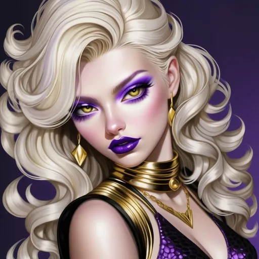Prompt: Hypnotic bimbo  platinum  blonde   gold lips and purple eyeshadow <mymodel>
