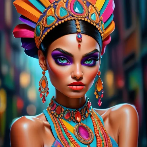 Prompt: digital painting, dramatic colourful makeup, high fashion, intense gaze, realistic portrayal, vibrant colors, detailed features, highres, professional, dramatic, realistic, digital painting, intense gaze, vibrant colors, detailed features, high fashion, glamorous lighting