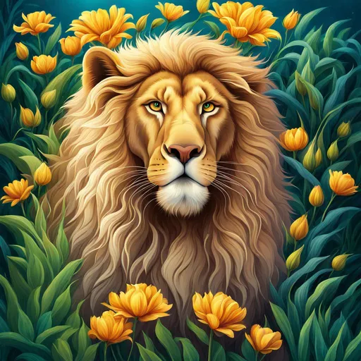 Prompt: Cartoon style illustration of a majestic male lion, radiant sunlight, lush savanna backdrop, vibrant and warm color palette, detailed mane with golden highlights, confident and regal expression, high-quality, detailed fur, cartoon, vibrant colors, detailed mane, savanna landscape, radiant sunlight, confident expression, highres, warm color palette, vibrant, professional lighting