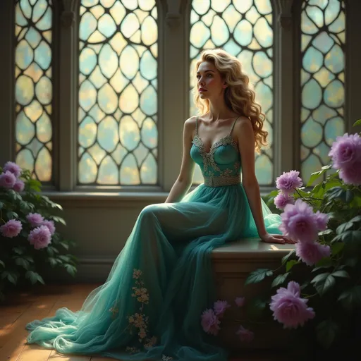 Prompt: Bathed in soft, natural light cascading through grand stained-glass windows, a woman sits gracefully on the ledge, embodying elegance in a stunning teal gown adorned with intricate floral patterns. Her wavy, cascading hair frames her face as she gazes thoughtfully into the distance, the shimmering fabric of her dress reflecting hues of green and purple. Positioned amidst lush purple blooms, the scene radiates a serene, almost dreamy atmosphere, enhanced by the delicate interplay of light and color from the stained glass. The warm wooden floor beneath her adds a touch of earthiness, contrasting beautifully with the vibrant tones of the gown and the walls, all of which combine to create a narrative of calm contemplation and timeless beauty.