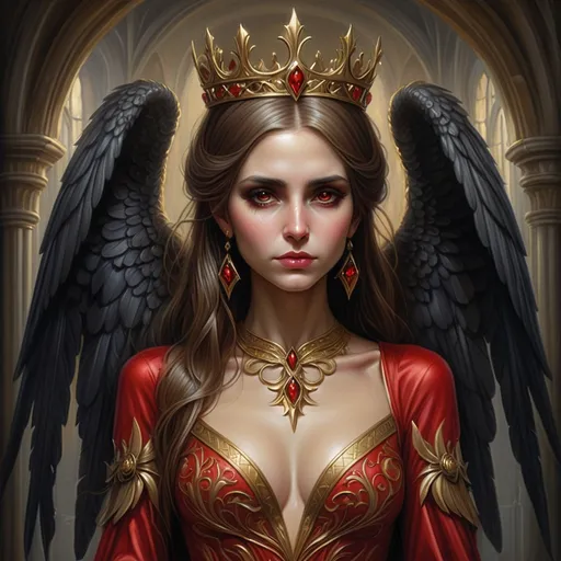 Prompt: a woman with a crown on her head and wings on her back and a red dress with gold trimmings and a red dress with gold trim, Anne Stokes, gothic art, dark fantasy art, a detailed painting