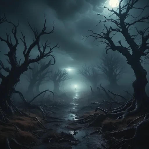 Prompt: dark and eerie nightmare scene, surreal nightmare elements, twisted landscapes, haunting shadows, unsettling atmosphere, vivid yet muted colors, foreboding lighting, a chilling fog enveloping, nightmarish creatures lurking, themes of fear and anxiety, chaotic composition, ultra-detailed, high quality, 4K, strong emotional impact.