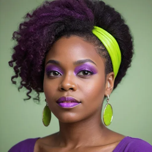 Prompt: A portrait of a beautiful black woman with colors of purple and lime green<mymodel>