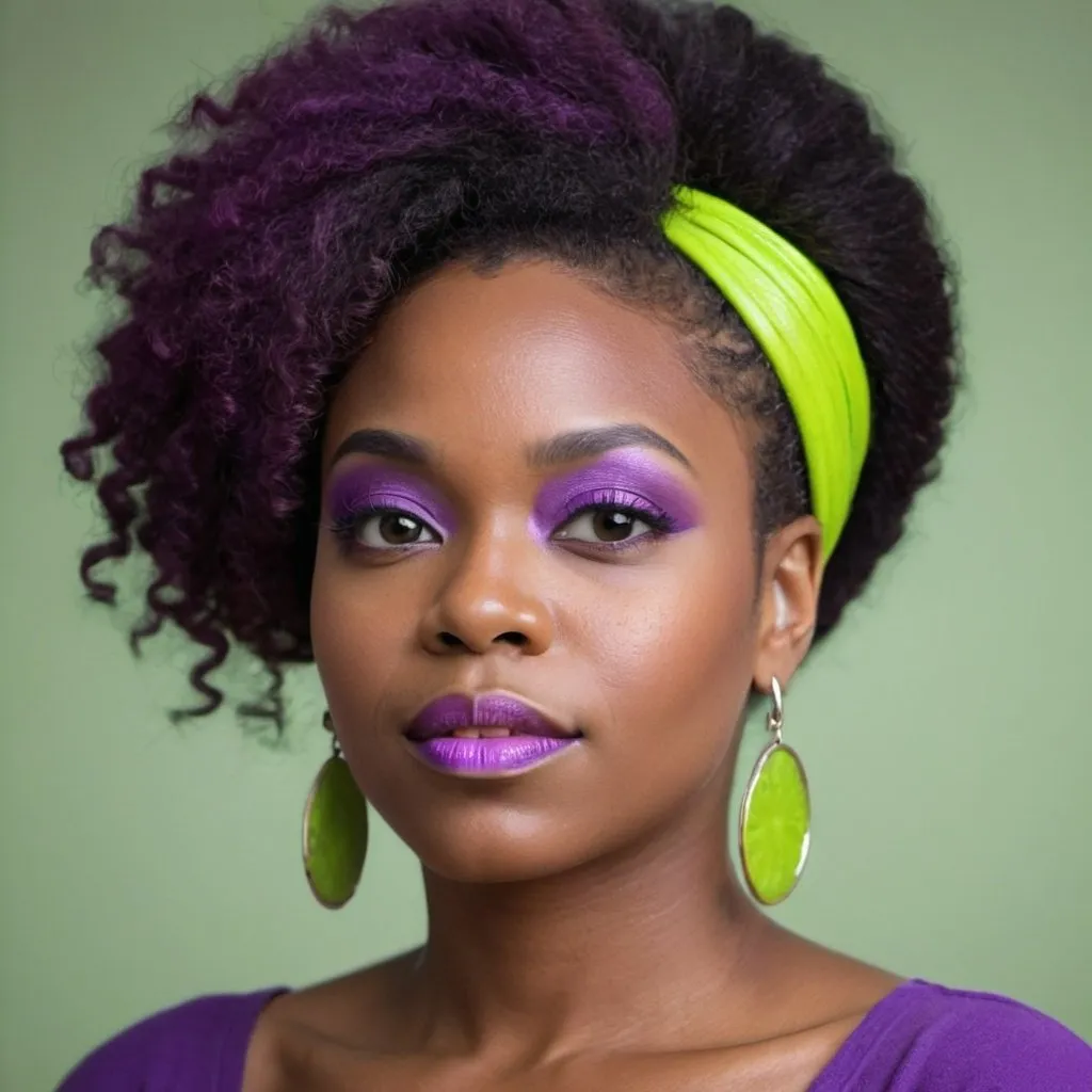 Prompt: A portrait of a beautiful black woman with colors of purple and lime green<mymodel>