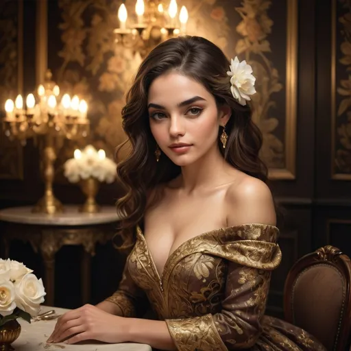 Prompt: In an elegant, dimly lit setting adorned with opulent gold and floral motifs, a striking woman captures attention with her classic beauty. She sits gracefully at a table, dressed in a fitted, off-shoulder gown that features rich brown fabric embellished with intricate floral designs. Her dark, wavy hair is accentuated by a large white flower, and her look is completed with bold makeup, including deep red lips and glimmering earrings. Soft candlelight from nearby candelabras highlights her serene expression, infusing the scene with a sense of timeless glamour and sophistication, beautifully juxtaposed against the luxurious backdrop.