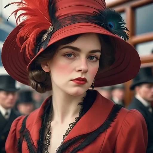 Prompt: fashionable 1st class  female passenger on the Titanic, pale skin, dark styled hair, large lips,  looking sad, facial closeup, vibrant colors, red dress and elaborate hat with feathers
