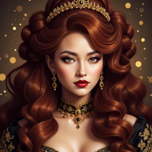 Prompt: a powerful woman with Victorian wine red curly voluminous hair half up half down