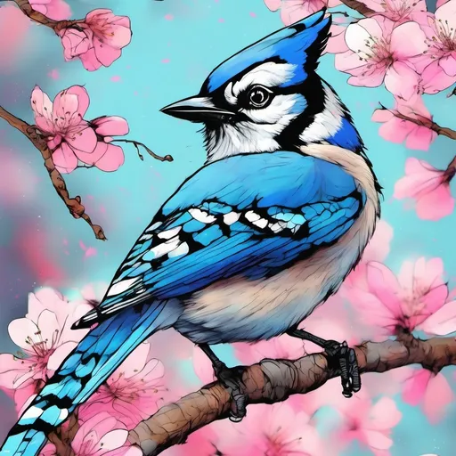 Prompt: Bluejay perched on a  cherry blossom branch, realistic digital painting, detailed feathers and vibrant colors, high resolution, realistic style, natural lighting, vibrant colors, detailed feathers, realistic, high quality