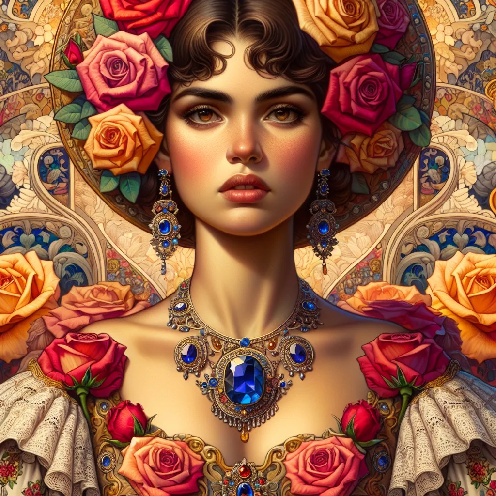 Prompt:  a woman wearing a dress with roses on it's chest and a necklace with sapphires on her neck, Edwin Georgi, fantasy art, highly detailed digital painting, a detailed painting