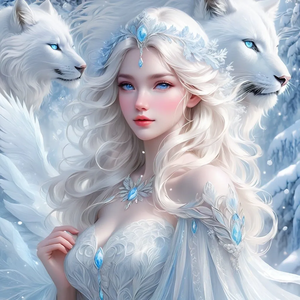 Prompt: High-quality digital painting of a beautiful woman with snow white hair and pastel highlights, frosty blue eyes, ethereal and otherworldly, intricate icy details, soft and delicate features, pastel color palette, dreamlike atmosphere, fantasy, digital painting, detailed hair, ethereal beauty, delicate features, pastel tones, fantasy art, high quality, dreamy lighting