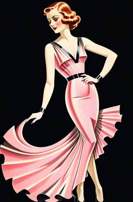 Prompt: a woman in a pink dress with a black background , Edwin Georgi, art deco, stylized, an art deco painting