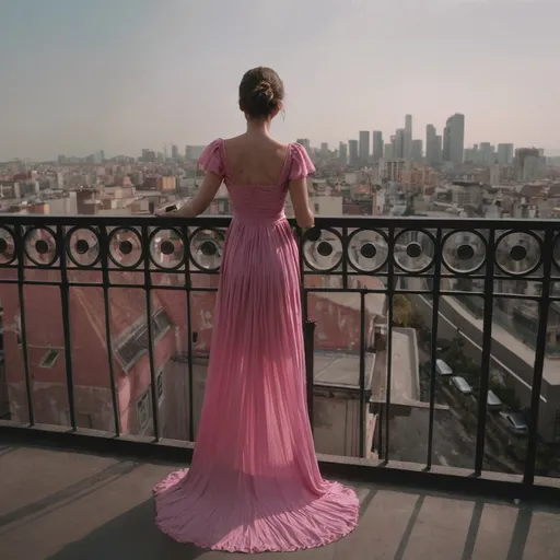 Prompt: a woman with a pink dress standing on a balcony overlooking a city