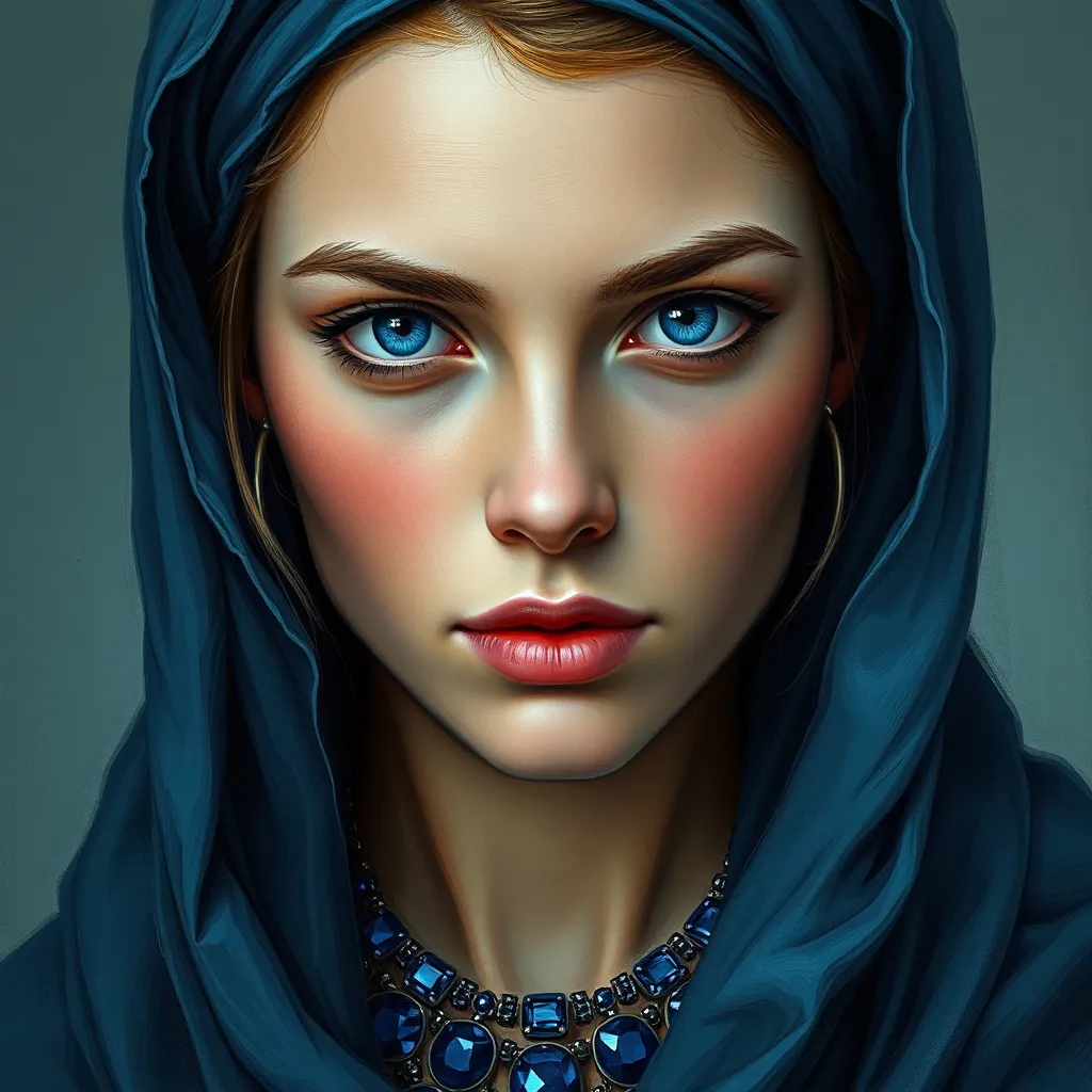 Prompt: a woman with blue eyes wearing a blue head scarf and a sapphire necklace, Art Brenner, figurative art, highly detailed digital painting, a photorealistic painting