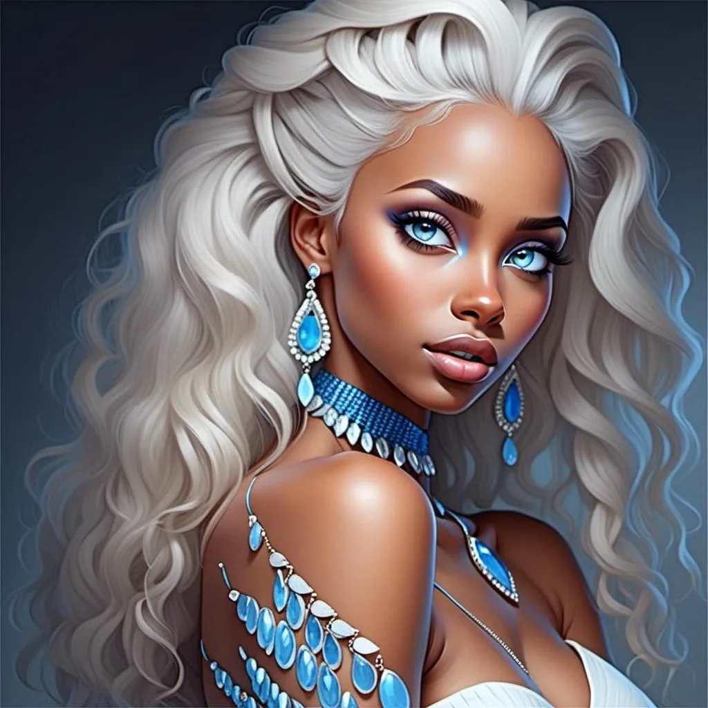 Prompt: <mymodel>A beautiful woman, white hair, blue eyes, blue eyeshadow, blue jewels o