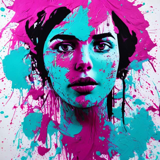 Prompt: woman, magenta and turquoise paint splatter