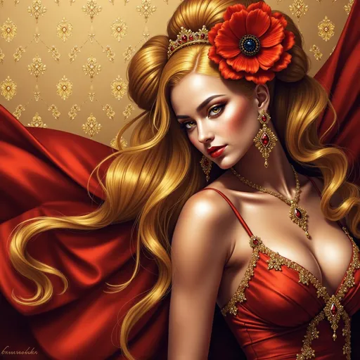 Prompt: a woman with long blonde hair and a red flower in her hair, wearing a red dress with a flower in her hair, Artur Tarnowski, figurative art, highly detailed digital painting, a photorealistic painting