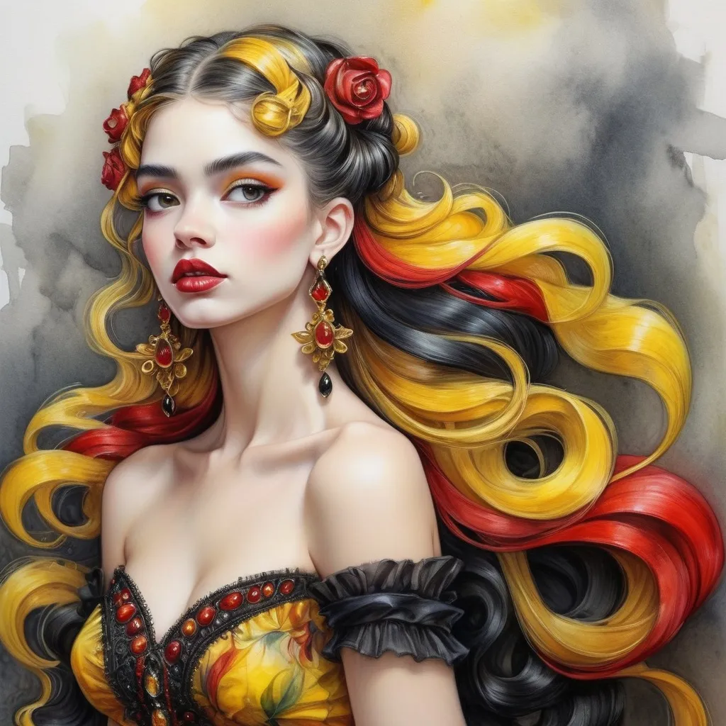 Prompt: <mymodel> beautiful woman, hair pinned up, yellow red black dress, earrings, Watercolor, trending on artstation, sharp focus, studio photo, intricate details, highly detailed, by  Josephine Wall and Jasmine Becket-Griffith