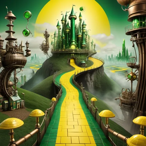 Prompt: A steampunk version of The Emerald City Of Oz with the Yellow Brick Road