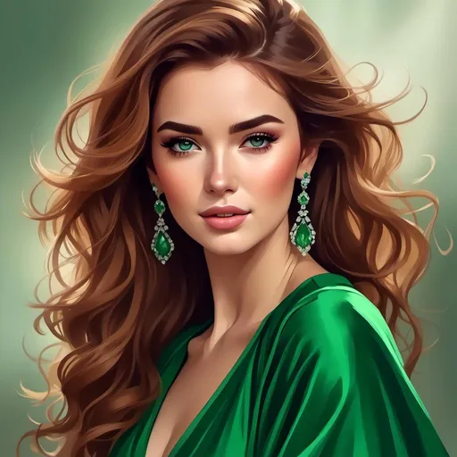 Prompt: <mymodel>Detailed illustration of a woman in vibrant green attire, large vivid green eyes, elegant makeup, digital painting, high resolution, realistic style, vibrant green, professional lighting